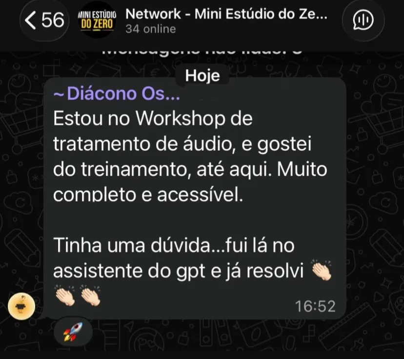 Depoimento de Diácono no Grupo Oficial do Mini Estúdio do Zero