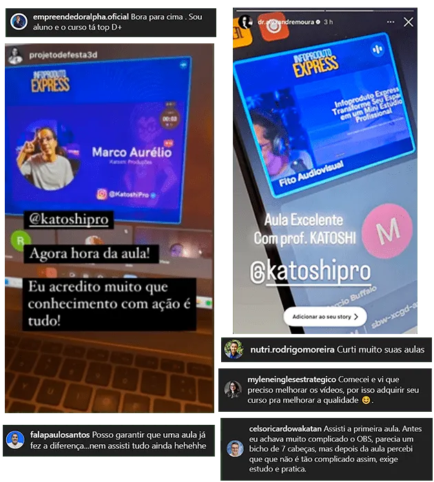 Mosaico de depoimentos de alunos do Mini Estúdio do Zero